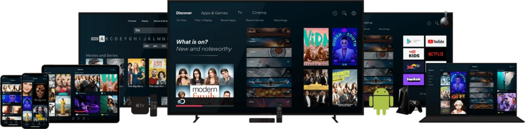 British IPTV Max streaming app showing UK live channels and on-demand shows across smart TV, tablet, phone and laptop