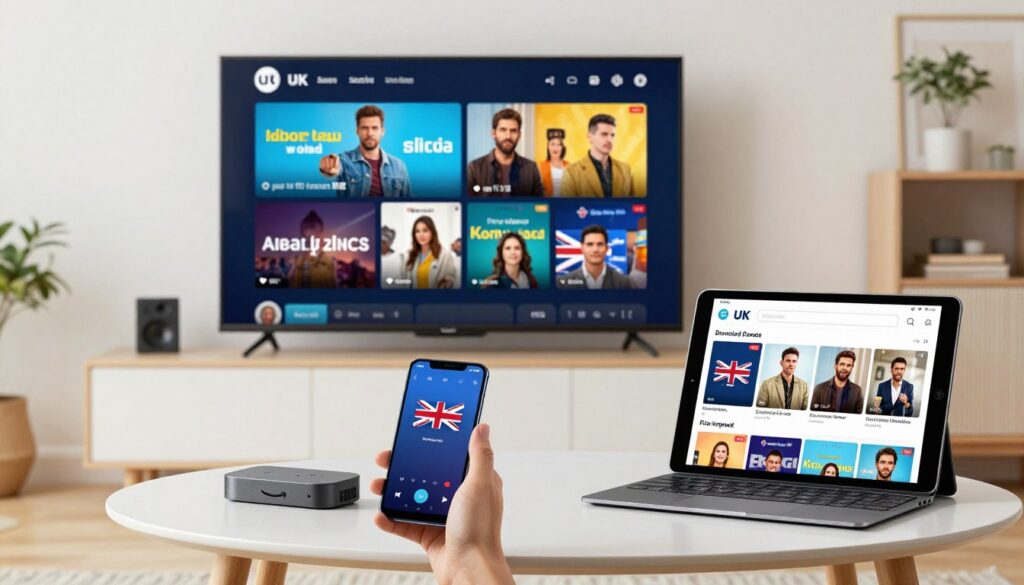 British IPTV apps running on Firestick, smart TV, Android phone, and tablet