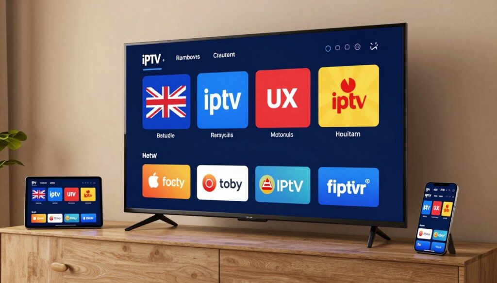 British IPTV streaming service displayed on multiple devices including smart TV, tablet, and smartphone