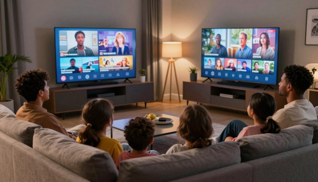 Happy family enjoying British IPTV content together on living room TV