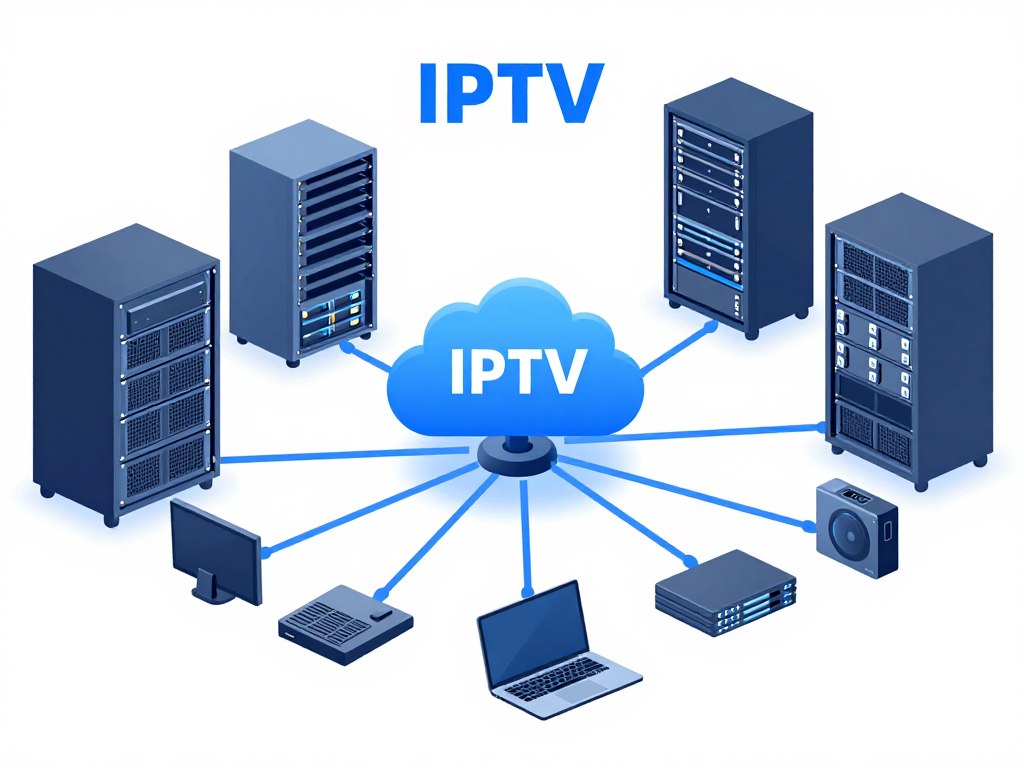 IPTV technology stack showing servers, network, and streaming devices
