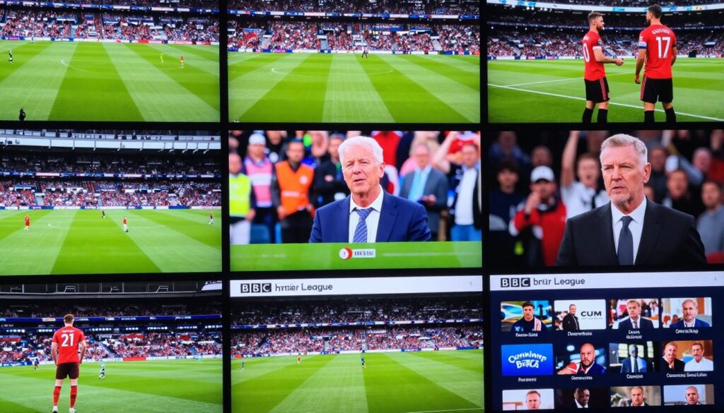 Split screen showing various British IPTV features including live sports, movies, and series