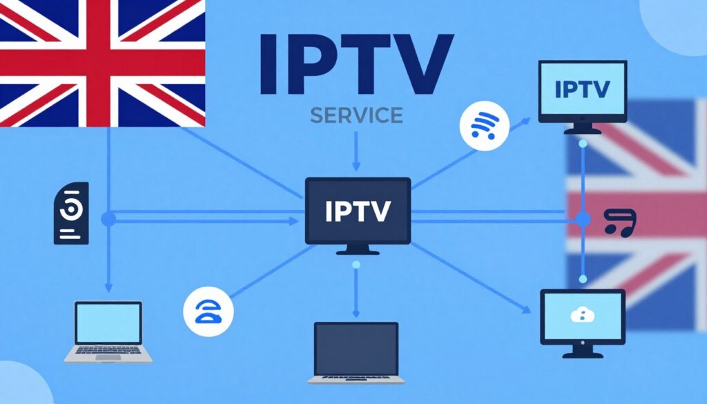 Technical diagram showing how British IPTV works with internet connection streaming to devices