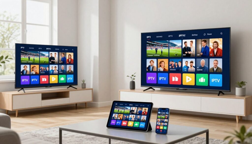 UK IPTV subscription streaming on multiple devices showing live channels and content