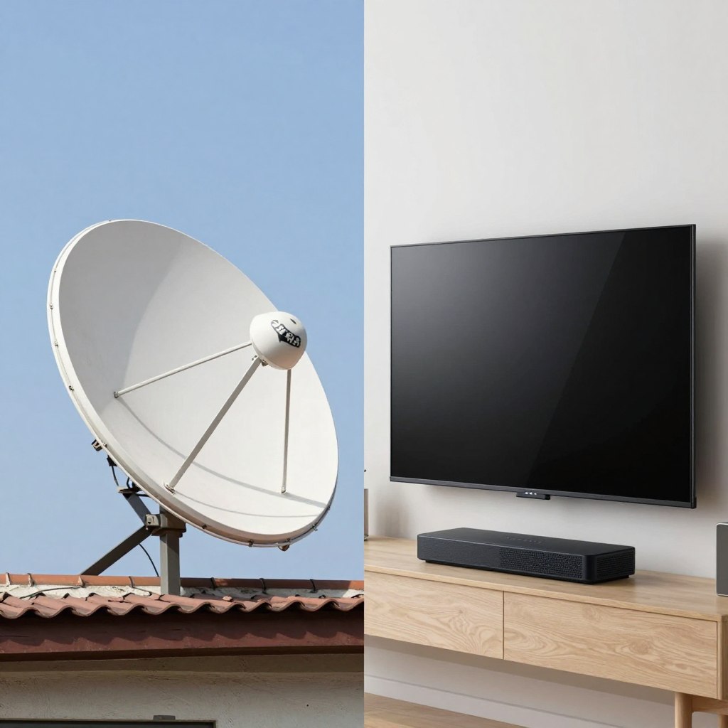 comparison showing cable satellite dish versus modern IPTV streaming setup
