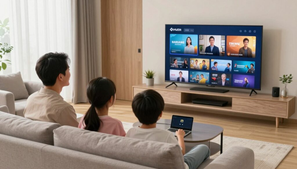 family enjoying UK IPTV subscription streaming on smart TV in modern living room
