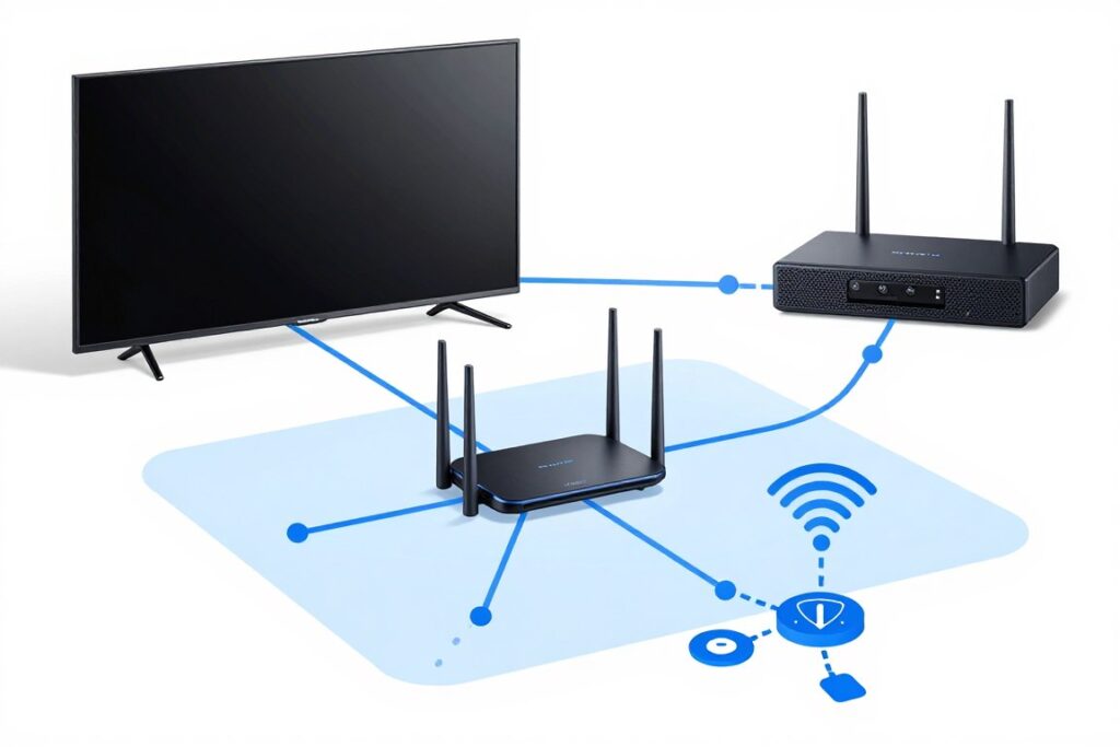 optimized home network setup for IPTV streaming showing router placement and wired connections