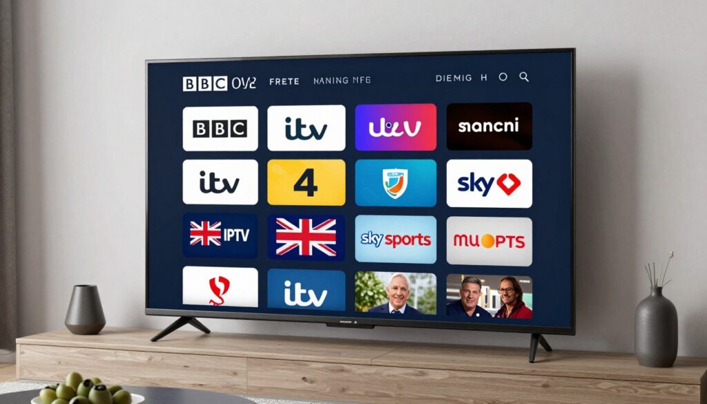 British IPTV streaming interface showing multiple UK channels on smart TV screen