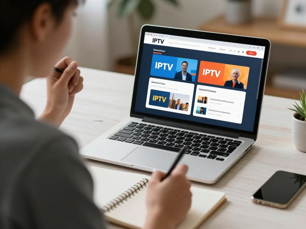 Customer reviewing IPTV subscription options on laptop