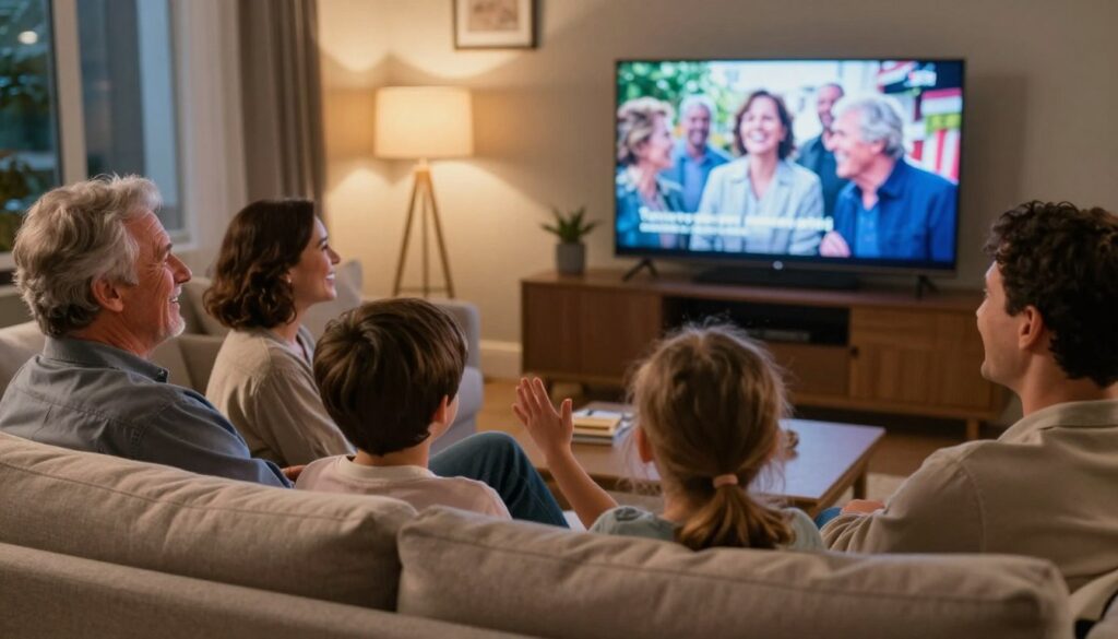 Happy family watching British TV content together via IPTV