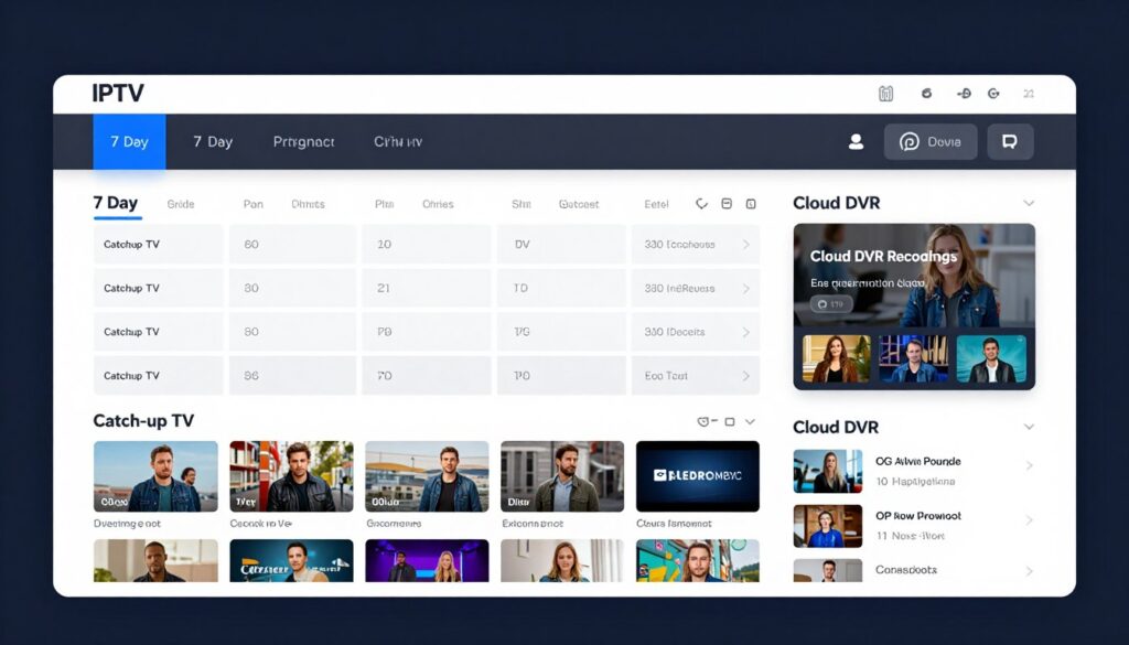 IPTV features interface showing EPG, catch-up TV, and DVR functions