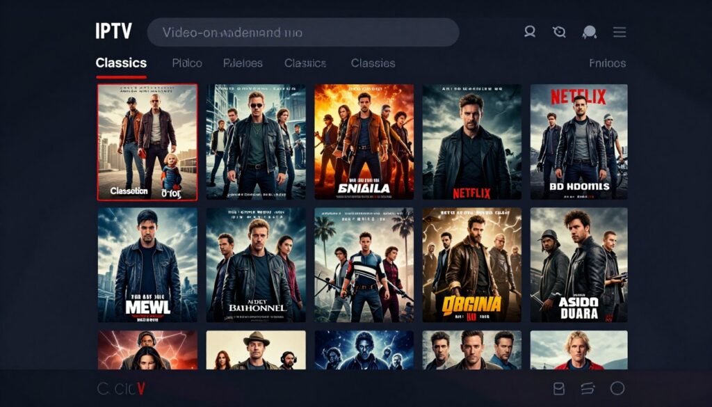 IPTV movie library interface showing latest releases and categories