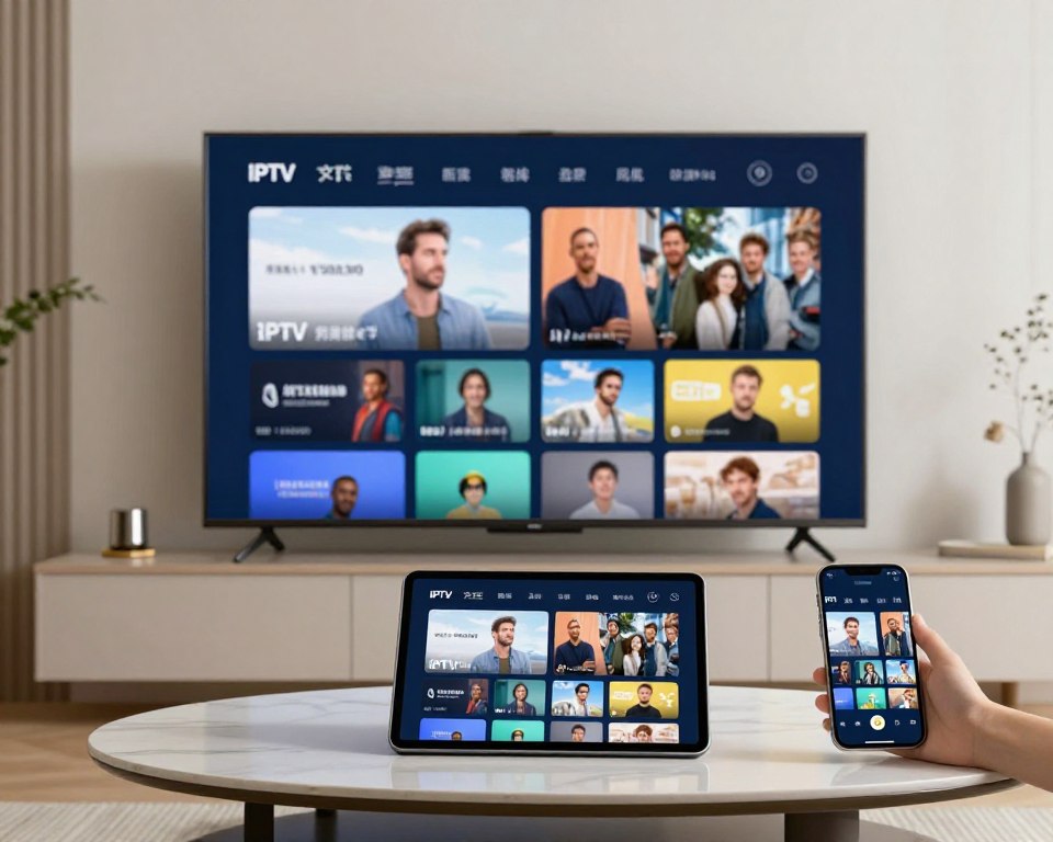 IPTV service running on multiple devices simultaneously including TV, tablet, and smartphone