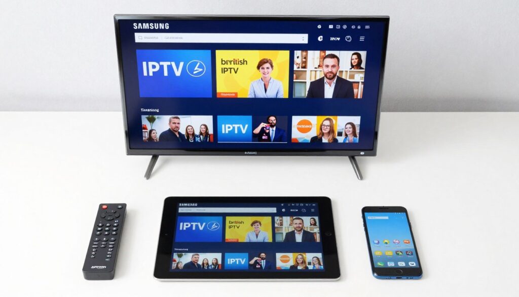 IPTV setup on various devices including smart TV, Firestick, and tablet