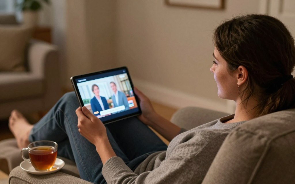 Person relaxing while streaming British content on tablet