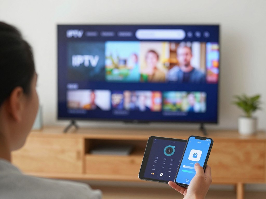 Person testing IPTV streaming quality on multiple devices