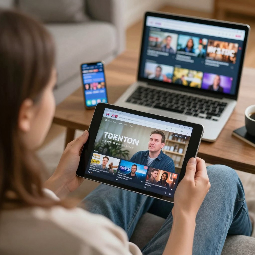 Person watching British TV content on multiple devices simultaneously