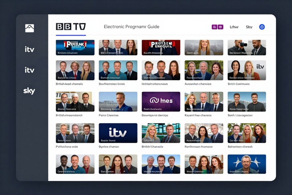 Royal Streams IPTV channel guide showing extensive UK programming
