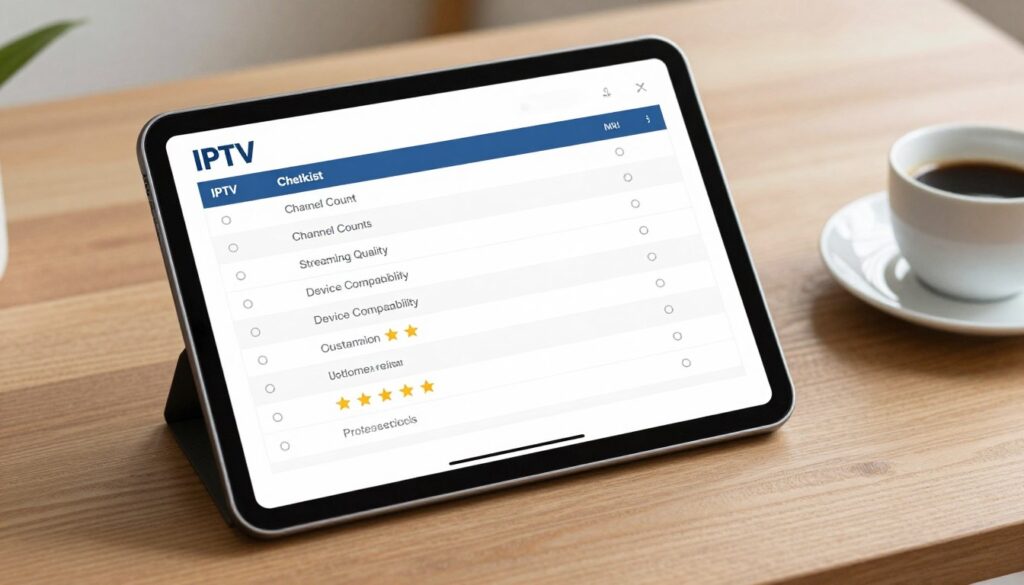 checklist showing IPTV selection criteria on tablet screen