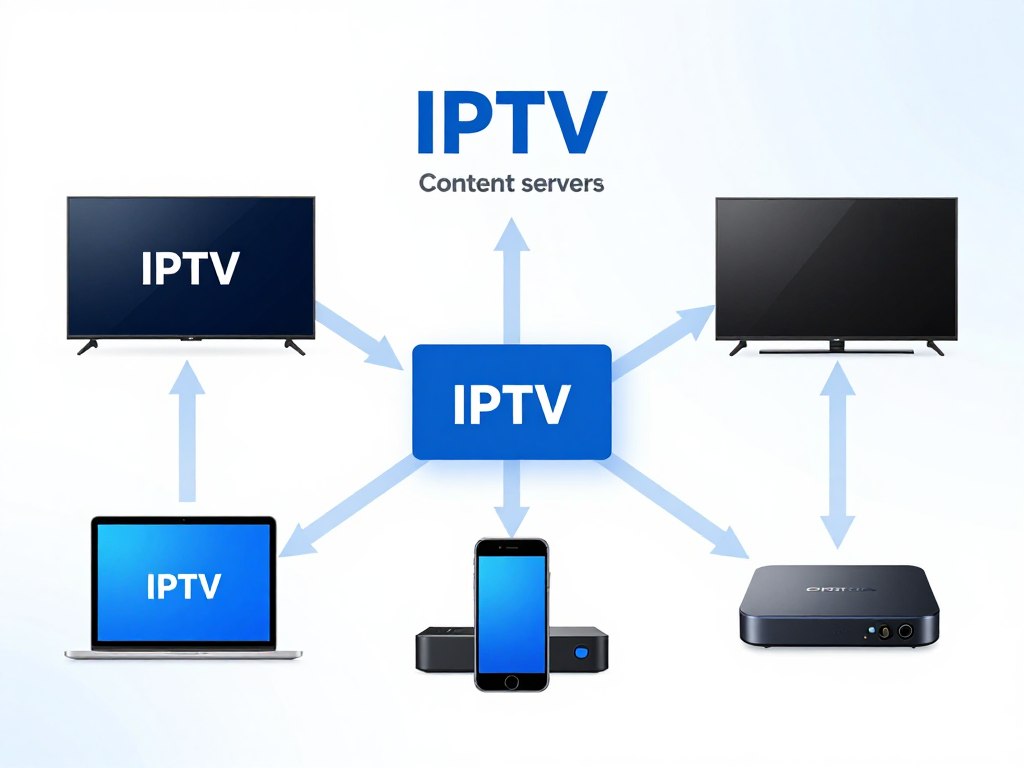 diagram showing IPTV service technology flow from servers to devices