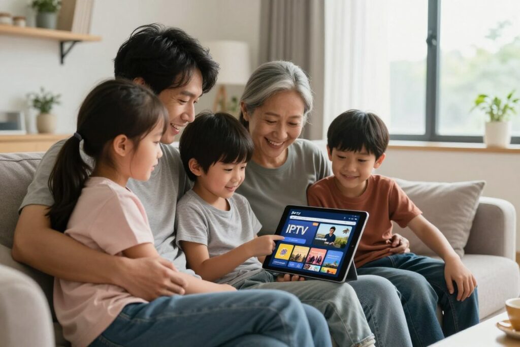 family choosing iptv provider on tablet